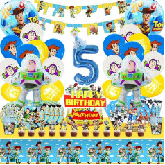 101-Piece 5th Birthday Decoration Set, 5 Years Party Tableware Set Balloons, 5 Year Decoration Birthday Balloons, Banner Tablecloth, Plate, Cake Lid, etc. Boys and Girls Party Supplies