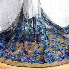 51 inch Width 3D Butterfly Flowers Embroidered Tulle Lace Fabric Mesh Fabric by The Yard for DIY Handmade Clothing Wedding Dress Home Decor (3 Yard, Black Blue)