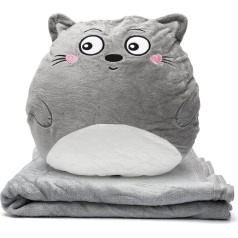 Yuragim 2-in-1 Cushion Blanket, 140 x 170 cm Travel Blanket and 30 x 50 cm Cushion with Cat Motif, Nap Plush Cushion, Cuddly Blanket, Car Sofa, Backrest Cushion, Cute Christmas Gift for Children,