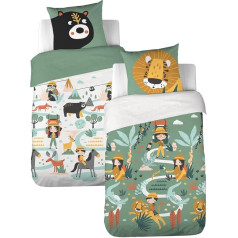 CÔTE DECO Children's Reversible Lion and Bear Duvet Cover 140 x 200 cm + 1 Pillowcase 63 x 63 cm 100% Cotton Soft