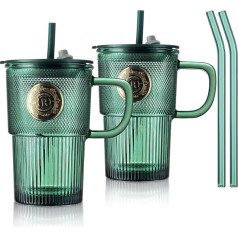Joeyan 430 ml Green Drinking Cup with Lid Handle and Straw, Ripple Glass Bubble Tea Cup Drinking Glasses with Gold Badge Patterns, Iced Coffee Smoothie Water Tea Tumbler Cup, Set of 2, Dishwasher Safe