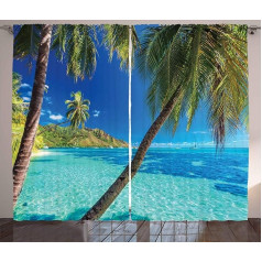 ABAKUHAUS Tropical Rustic Curtain, Palm Trees, Sea, Beach, Living Room Universal Tape Curtains with Loops and Hooks, 280 x 260 cm, Turquoise, Blue