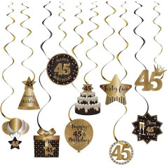 Happy 45th Birthday Hängende Wirbel Bachläufe Deckendekorationen Feier 45 Folie hängende Wirbel mit Aussparungen für 45 Jahre alt Schwarz und Gold Geburtstag Party Dekorationen Supplies
