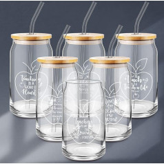 6 Pack Teacher Gifts for Women, 16 Ounce Gifts for Teacher, Apple Glass, Coffee Cups with Lid and Straw, Glass Cups, Drinking Glasses, Large Jars, Tumblers, Tumblers, Glass with Lid and Straw for