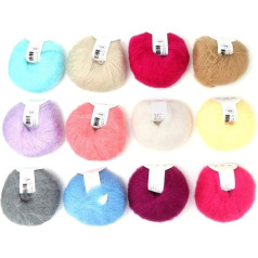 Soft Mohair Cashmere Wool Knitting Yarn Lightweight Hand Knitwear Yarn DIY Scarf Crochet Yarn with A Crochet (12 Colours per Set)