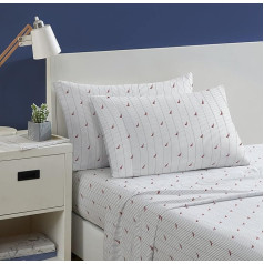 Nautica - Queen Duvet Cover Set, Cotton Percale Bedding Set, 4 Pieces, Crisp and Cool, Lightweight and Breathable (Audley Stripe Red, Queen)