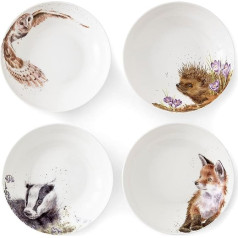 Wrendale Designs Royal Worcester Ceramic Pasta Bowl, 22 cm, Hedgehog, Badger, Fox and Owl, Set of 4