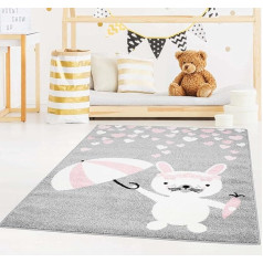 Children's Rug Bubble Kids Flat Pile with Cute Rabbits and Hearts in Grey, Pink for Children's Room Size 120/160 cm