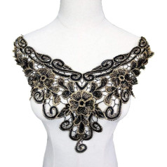 Lace Ribbon Embroidery Applique Large Embroidered Golden Floral Lace Neckline Patch Collar Trim Clothes Sewing Applique Wedding Bridal Dress Embellishment Fabric Embroidery (#5) (Color :