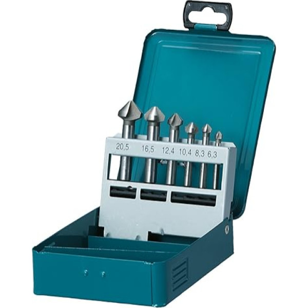 Makita D-42204 Countersink Set of 6 in Metal Case 90° Cutting Edges Diameter 6.3 - 20 mm HSS Steel for Metal Non-ferrous Metal or Wood DIN335 Round Shaft
