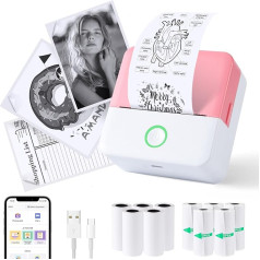 PRAOAHEI Mini Printer, Portable Photo Printer with 10 Rolls of Printer Paper, Bluetooth Label Printer, Thermal Printer for Notes, Photos, Diaries, DIY, Compatible with iOS and Android (Pink)