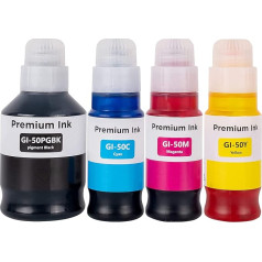 SHUOLEI GI-50 GI50 Ink Compatible with Canon Pixma Ink Cartridge GI-50 GI50 Multipack Compatible with Pixma G5050 G6050 G7050 GM2050 GM4050 (4-Pack, Black Cyan Magenta Yellow)