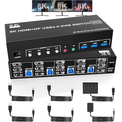8K @ 60Hz 2 DisplayPort + HDMI USB 3.0 KVM Switch 3 Monitors 4 Computers 2 DP 1.4 + HDMI 2.1 Triple Monitor KVM Switch with Audio Microphone + 3 USB 3.0 Ports, Triple Monitor Keyboard Mouse Switcher