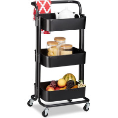 Relaxdays Rolling Trolley, 3 Levels, 2 Brakes, All-Purpose Trolley, Kitchen, Bathroom, Office, Rolling Shelf, Metal, HBT 84 x 42 x 37 cm, Black, 10034150_46
