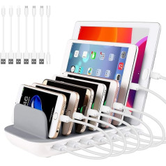 PRITEK USB Charging Station 60 W/12 A 7 Ports Desktop Charging Station for Multiple Devices with 6 Ai USB Ports + 1 USB-C Port with 7 Pieces Short USB Cable (White)