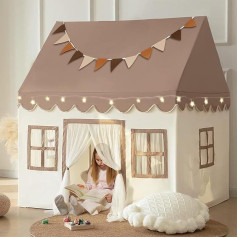 Kids Tent with Padded Mat, LED Lights and Decoration, Kids Tent, Playhouse for Kids, Indoor Bed Tent for Toddlers, Playroom Furniture in Neutral Colours