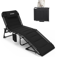 WKFAMOUT Oversized Sun Lounger Folding Garden Lounger 5 Adjustable Backrest Outdoor Foldable XXL Tripod Lounger Beach Lounger Camping Bed up to 200 kg with Cushion Side Pocket 200 x 68 cm Black