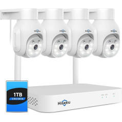 5MP + PTZ: Hiseeu Surveillance Camera Set Outdoor WLAN with 10CH Wireless NVR, 4 Pieces 5MP PTZ WiFi Cameras with 2-Way Audio, Colour Night Vision, Remote Display, App & Mail Alarm, 1TB HDD Included