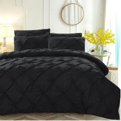 Luofanfei Bed Linen 200 x 220 cm Black Pinch Pintuck Plain Pattern Pleated Bed Linen Set Pinch Pleats Geometric Microfibre Modern Duvet Cover 220 x 200 cm and 2 Pillowcases 80 x 80 cm