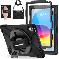 BRAECN iPad 10 Generation Case 2022 10.9 Inch, Robust Shockproof Protective Case with Screen Protector, 360° Rotating Hand Strap and Stand, Pen Holder, Shoulder Strap for A2696/A2757/A2777 - Black