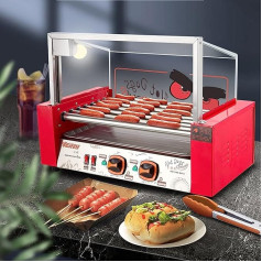 ZHJOPP Sausage Grill Cooker Machine, 7 Rolls, Non-Stick Coating, 24 Hot Dog Rotisserie with Removable Stainless Steel Drip Tray and Glass Hood Cover