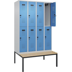 kaiserkraft | Doppelstock-Spind Evolo Plus Sitzbank | 4 Abteile | lichtgrau/lichtblau | B 1200 mm | Sicherheits-Drehriegel | mit untergebauter Sitzbank | Buche