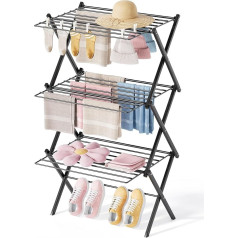 SYKIARIOL Folding Clothes Airer - Multi-Tier Foldable Laundry Hanger Made of Steel for Generous and Comfortable Drying Experience in Black
