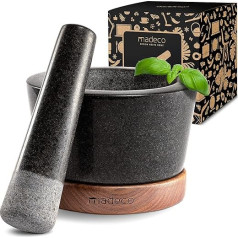 madeco Granite Mortar with Pestle on Wooden Base Walnut Diameter 14.5 cm – Perfect for Spices, Herbs & Nuts – Stone Mortar Set – Design Granite Mortar & Pestle Large