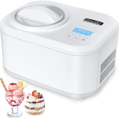 KUMIO Ice Cream Maker with Compressor, Ice Maker Self-Cooling, Frozen Yoghurt Machine with LCD Display & Timer, Removable Stirring Whisk & 1 L Bowl & Clear Lid, 100 W Ice Cream Maker, White