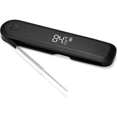 BURNHARD Folding Puncture Thermometer, Grill Thermometer + Leather Protective Cover, Roasting Thermometer, Ultra-Fast Measurement, 1.5 mm Measuring Tip, 180° Invisible-Off LED Display, USB Battery