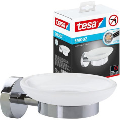 tesa SMOOZ Soap Dish with Wall Holder, Satin Glass and Chrome-Plated Stainless Steel – for Wall Mounting without Drilling, Includes Adhesive Solution – 110 mm x 52 mm x 130 mm