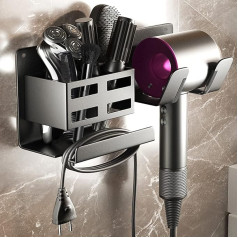 NCKIHRKK Hair Dryer Holder Wall No Drilling Aluminium Hair Dryer Holder with 2 Compartments Storage and Cable Holder, Hair Dryer Holder No Drilling for Hair Dryer Handles up to 5 cm, Black