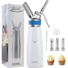 ERWEY Cream Dispenser 500 ml, Cream Syphon Aluminium, Cream Sprayer Leak-Proof Easy to Clean with 3 Nozzles and 1 Cleaning Brush, Whipped Cream Dispenser for Kitchen Party Desserts