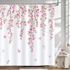 Bonhause Shower Curtain Cherry Blossom Spring Pink Flowers Japanese Shower Curtains 180 x 180 cm Anti-Mould Waterproof Polyester Fabric Washable Bathroom Curtain for Bathroom with 12 Hooks