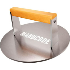 Manucode Pro-Grade 23 cm Stainless Steel Grill Press - 1.8 kg High Performance Burger Press with Non-Twistable Wooden Handle - Perfect for Barbecue Enthusiasts