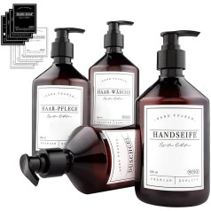 MONOKO Set of 4 Soap Dispensers, Plastic Brown 500 ml Bottle, Shampoo Dispenser for Filling - Pump Bottle incl. Labels