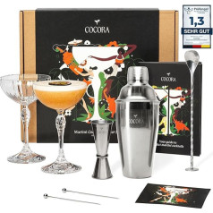 Cocora Martini Set | 8-Piece Stainless Steel Cocktail Set | Cocktail Shaker | Martini Cocktail Glasses Coupe | Cocktail Book | Luxury Gift Packaging (Silver)