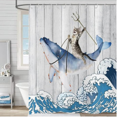 Shower Curtain Funny Cat 180 x 200 cm, Hnmdmyi Cool Cat Riding Whale with Japan Kanagawa Waves on Rustic Wooden Bath Curtain Cute Kids Farm Waterproof Fabric Washable Bath Curtain