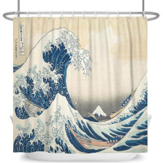 SDOTPMT 180 x 198 cm Japanese Ocean Waves Shower Curtain Abstract Sea Wave Wooden Boat Bath Curtain Ukiyo-e Theme Fuji Mountain Bath Curtain for Bathroom Polyester with Hooks