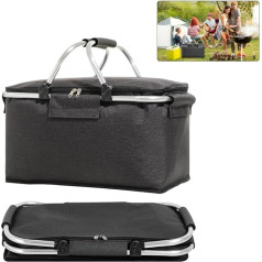 ZOYDP Foldable Shopping Basket, 18 L, Thermal Shopping Basket as Picnic Basket, Shopping Basket with Lid, Aluminium Poles, Carry Handles and Zip, Shopping Basket Black for Travel, Picnic, Shopping