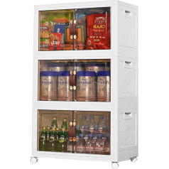 hoyiours Storage Box with Lid, 189L Foldable Organiser Box, Organiser Boxes, Plastic Box with Wheels & Doors, Storage of Books, Toys, Clothes, Shoes, Bed Linen, Pack of 3, White