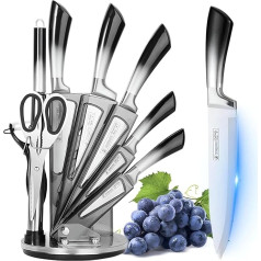 Kitchen Knife Set, 9-Piece Black Knife Set with Acrylic Block, Non-Stick Coated Stainless Steel Chef's Knife Set for Kitchen with Sharpener and Scissors, Best Gift for Women Girls (Black)