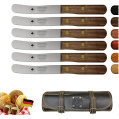 Solingen Knife Set of 6 with Serrated Edge Including High-Quality Leather Bag, Elegant Walnut Wooden Handle, Premium Humpback Knife, Breakfast Knife, Bread Knife, Rustproof, Extra Sharp Kitchen Knife