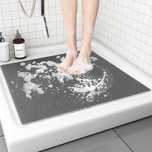 BWBIKE Non-Slip Shower Mats, Comfort Loofah Massage Shower Mats, Square Bath Mat with Drainage Holes, Non-Slip Safety Mat for Wet Areas, 60 x 60 cm, Grey