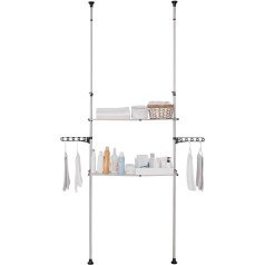 Hershii Telescopic Bathroom Shelf with 2 Shelves and 2 Hangers, Clamping Shelf, Over Toilet, Standing Shelves, Space Saver, No Drilling, Overmount Shelf, Telescopic System Shelf Over the Washing