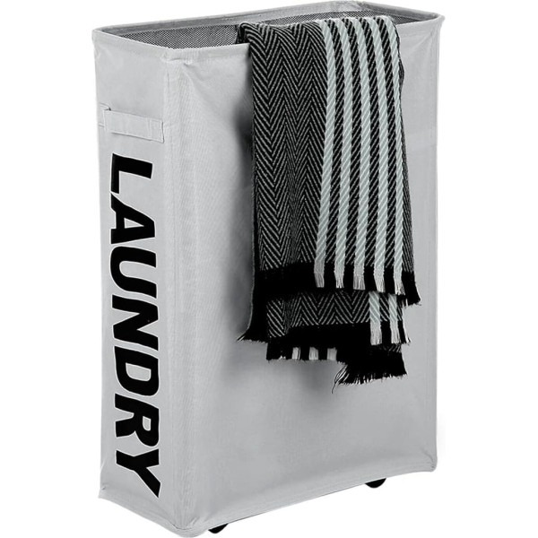 Large Laundry Basket Made of High Quality Plastic with Handles and Wheels, Hipster Style Laundry Basket for Drying Clothes, Nursery and Home Organization (Light Grey, 39 x 19 x 55 cm)