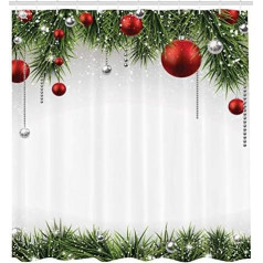 ABAKUHAUS Christmas Shower Curtain, Tree Balls Ornaments, Waterproof Fabric with 12 Hooks Set, Decorative, Colourfast, Bacteria Resistant, 175 x 200 cm, Green Red