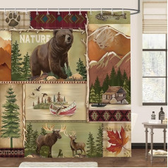 Bonhause Shower Curtain Autumn Rustic Bear Forest Wild Animals Shower Curtains 180 x 180 cm Anti-Mould Waterproof Polyester Fabric Washable Bathroom Curtain for Bathroom with 12 Hooks