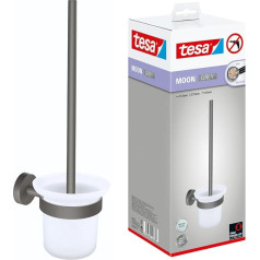 tesa Moon Grey Toilet Brush Set with Holder and Toilet Brush, Matt Grey, Satin Glass, for Industrial Style Bathrooms and Modern Bathrooms, Drill-Free, Includes Adhesive Solution, 112 mm x 379 mm x 145