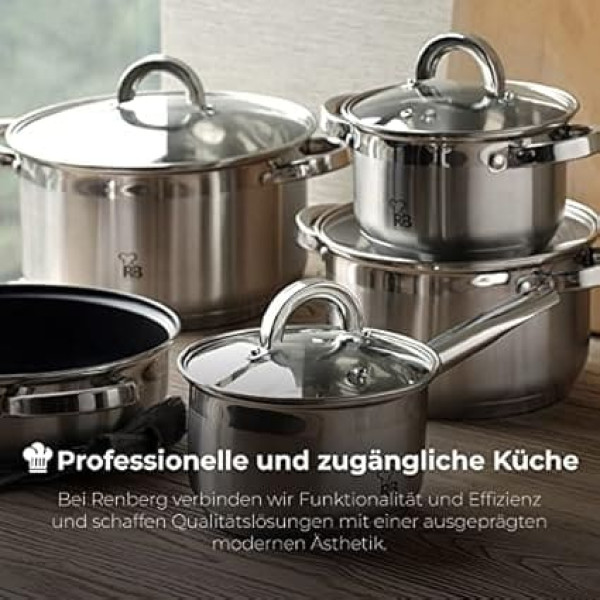 RENBERG Alexander 7-Piece Saucepan Set with 3 Saucepans 18, 20 and 24 cm Diameter with Lid + 1 16 cm without Lid Stainless Steel Pot Set 5-Way Encapsulated Base